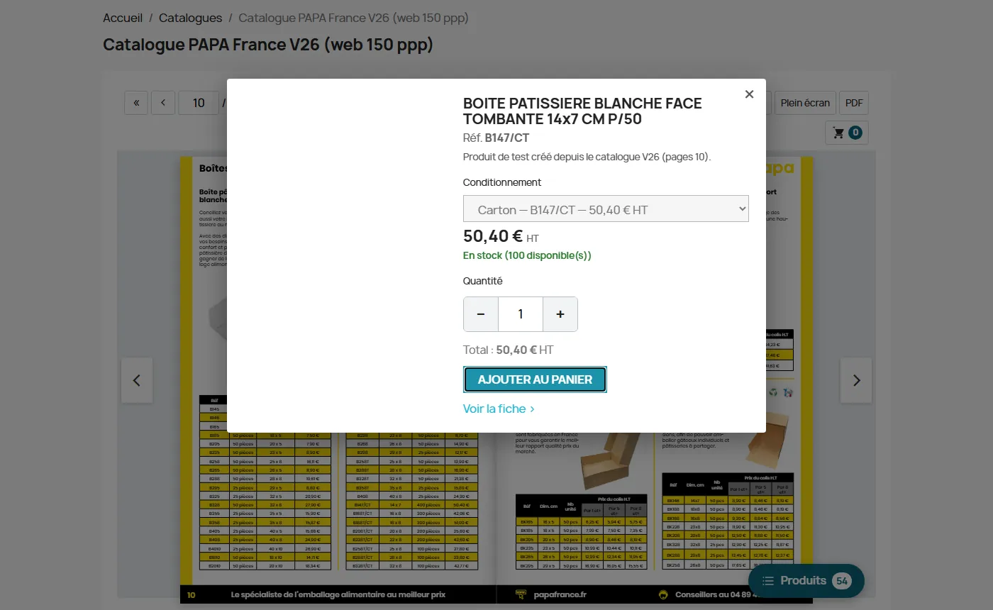 Fenêtre produit ouverte depuis le catalogue : boîte pâtissière, référence B147/CT, choix du conditionnement Carton à 50,40 € HT, quantité, bouton Ajouter au panier.
