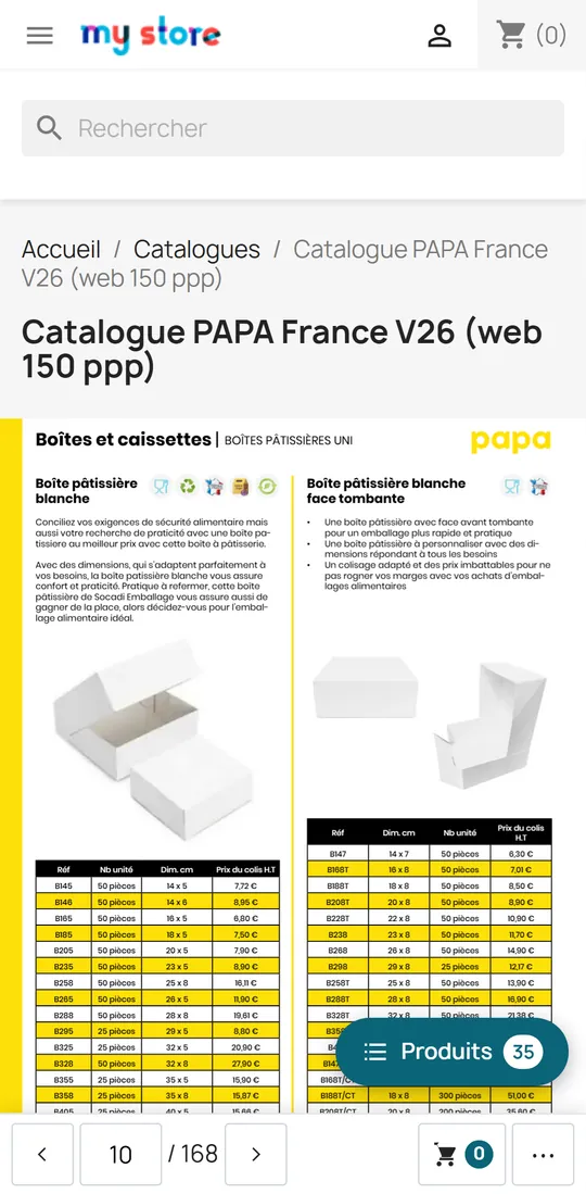Catalogue sur téléphone : la page occupe toute la largeur, bouton Produits avec 35 articles, barre d’outils en bas.