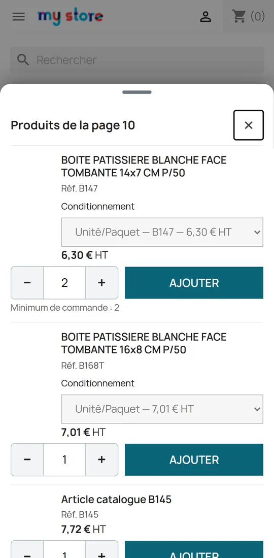 Panneau Produits de la page 10 : chaque produit avec conditionnement, prix HT, compteur de quantité et bouton Ajouter.