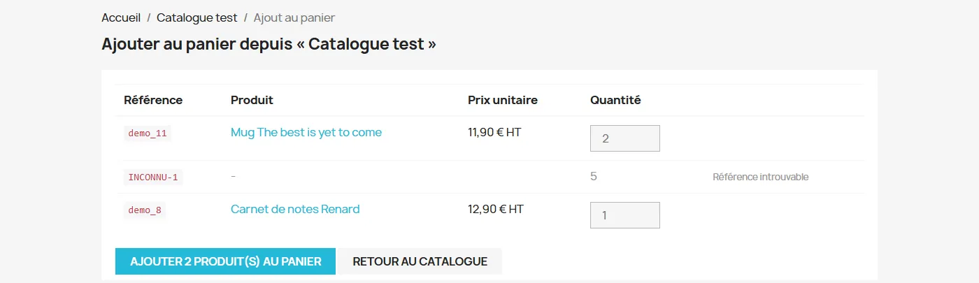 Page de confirmation d’un lien de commande : liste des références, prix, quantités modifiables, une référence introuvable signalée, bouton Ajouter 2 produits au panier.