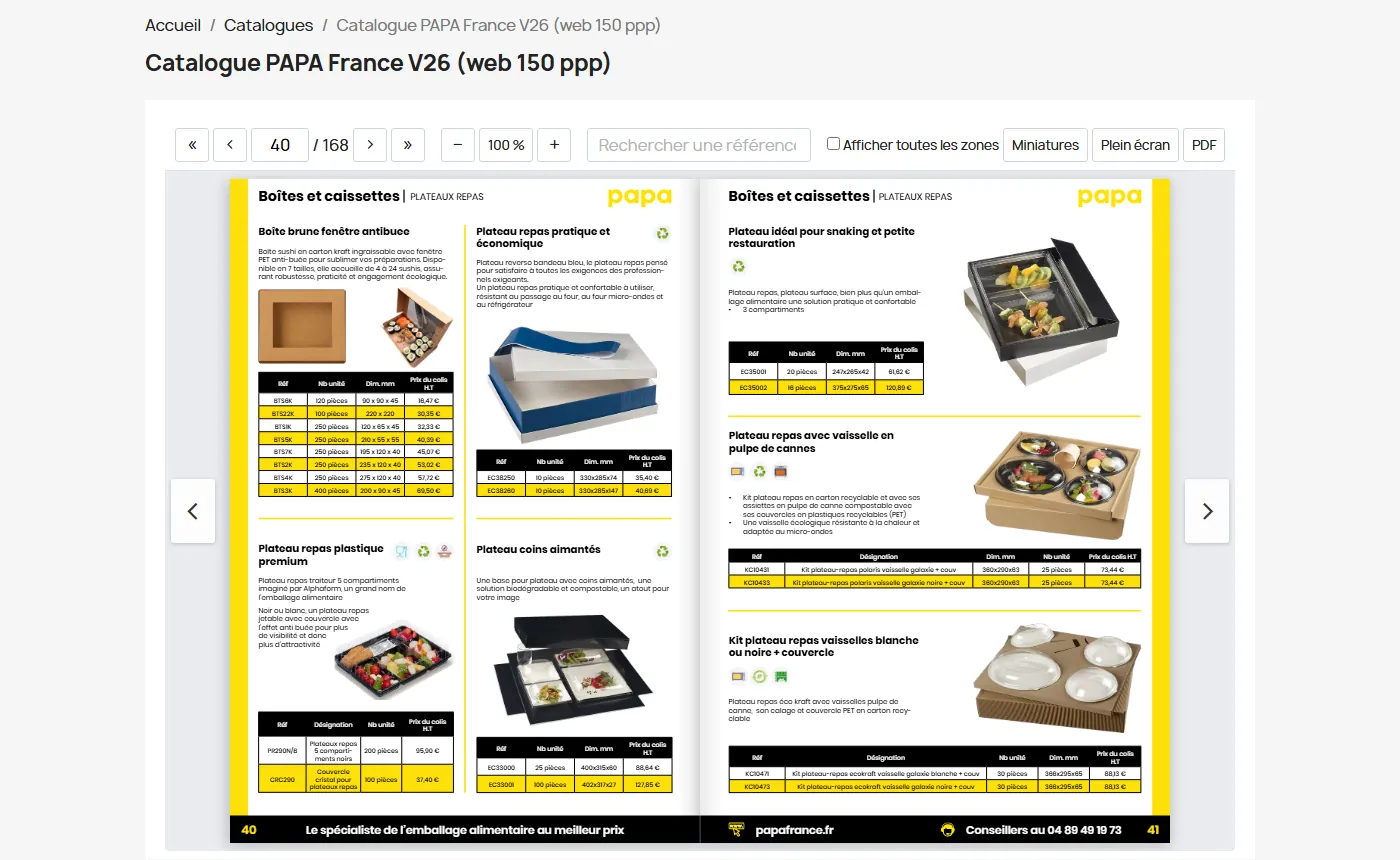 Le catalogue Papa France V26 ouvert en double page dans une boutique PrestaShop : barre de navigation, recherche par référence, miniatures, plein écran.